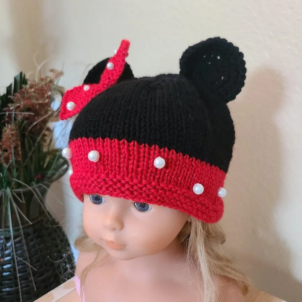 Minnie Mouse inspired Baby Infant Girl Knit Hat Red Black Size 3-6 M Photo Prop